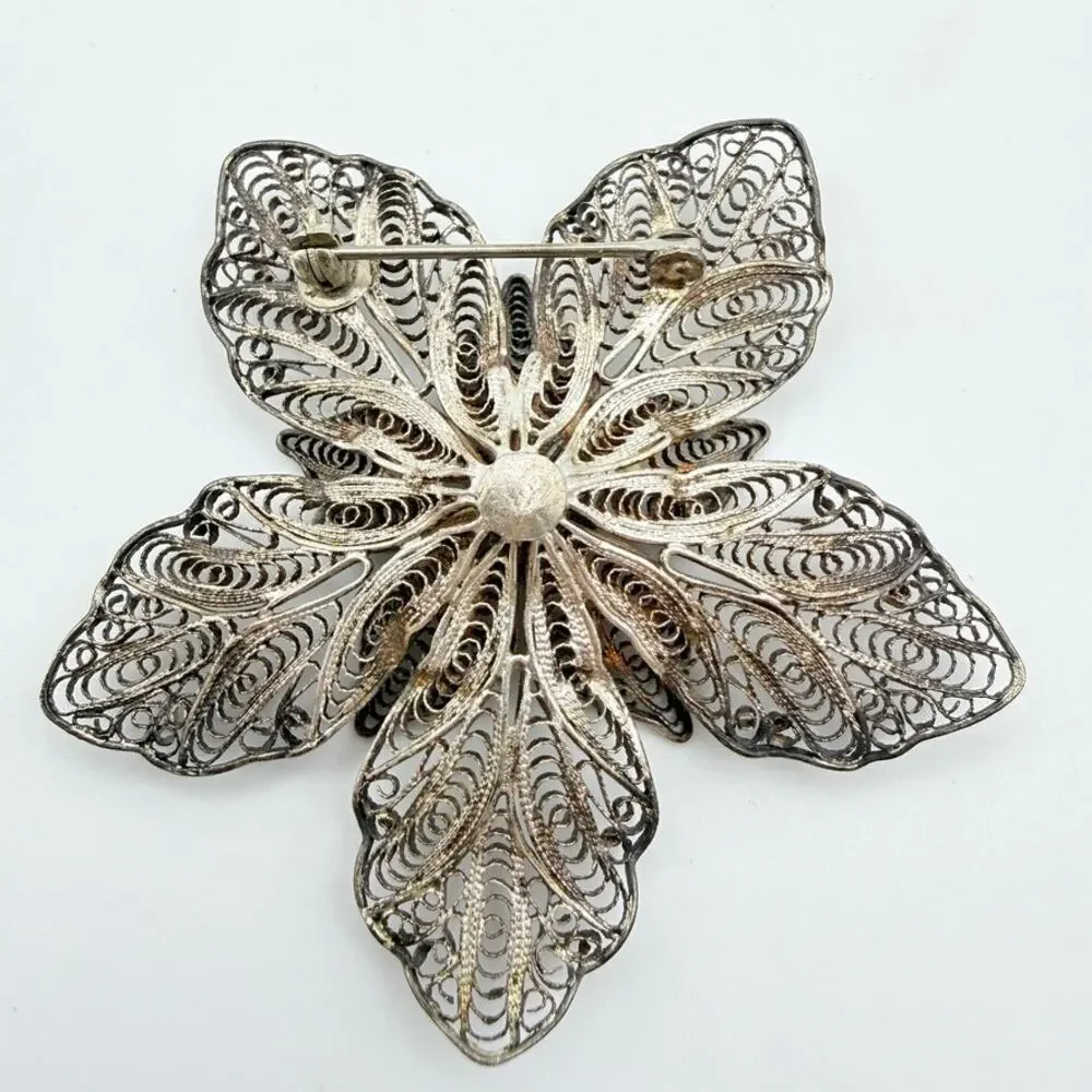 Antique Sterling Silver 925 Large Filigree Flower Brooch Pin Cannetille